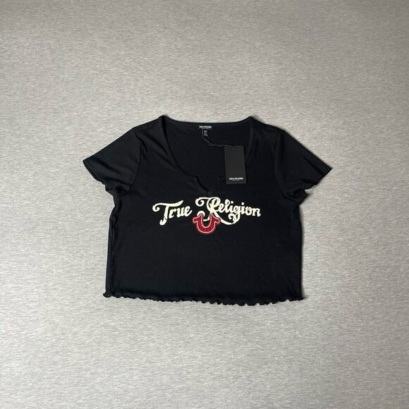 True Religion Women’s Short Sleeve Notched Baby T-Shirt Top - Picture 1 of 9